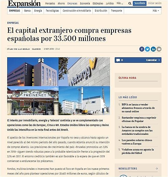 El capital extranjero compra empresas espaolas por 33.500 millones